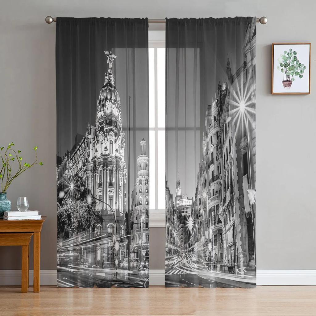 Statue Of Liberty Black White Tulle Window Curtains Living Room Organza Sheer Voile Curtain Bedroom Kitchen Home Decor Drape