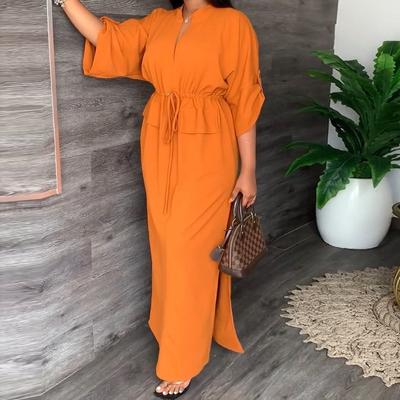 Sommer Neue Mode Temperament Übergröße Kleid Damen V-Ausschnitt Kordelzug Taille Locker Lässige Kleider Weiblich Schlitz Sexy Elegant Langes Kleid 24323