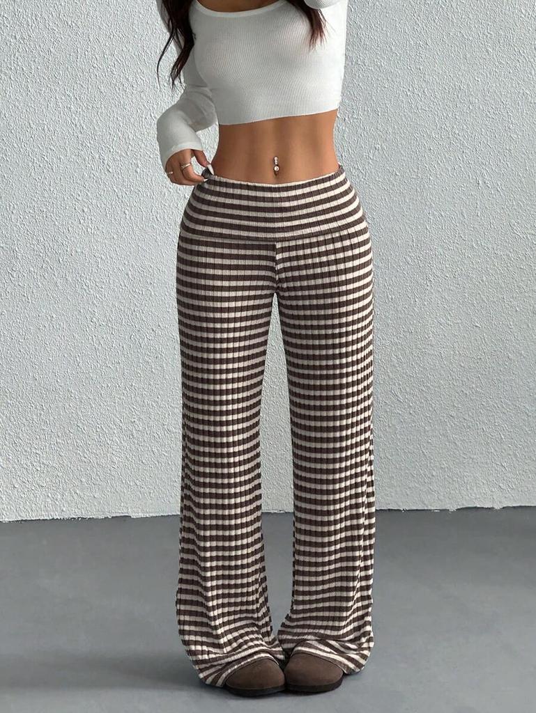 Women's Mid Rise Wide Leg Pants Straight Fit Striped Knit Casual Trousers Mid Stretch Fall Daily Flared Lounge Bottom