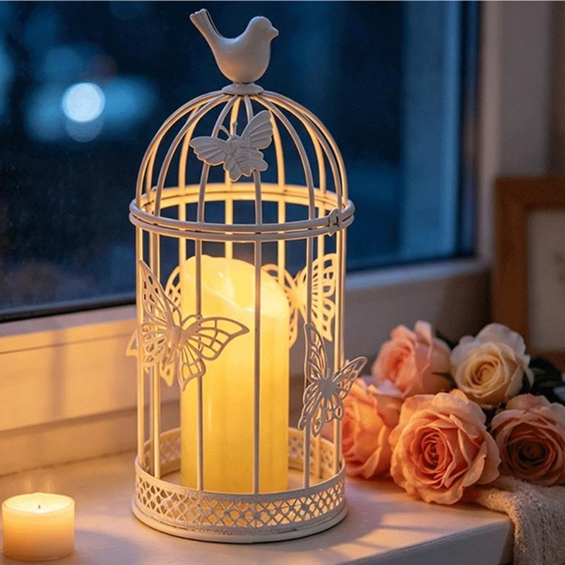 White Iron Candle Holders, Birdcage Frame with Butterfly Accent and Bird Top Detail, Antique Candlestick Lantern for Living Room, Entryway, or Study