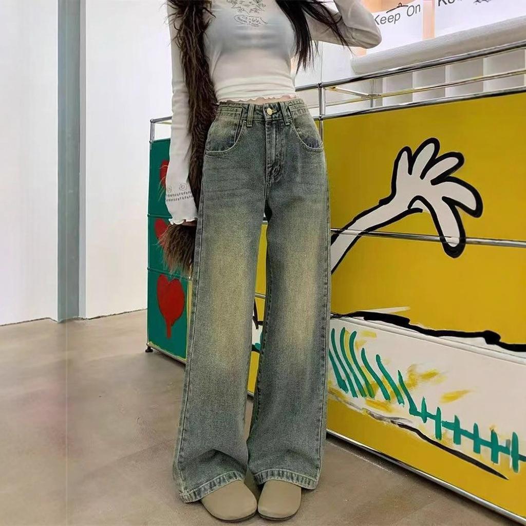 Design Sense Fashion Jeans Women Draped Autumn Retro Aged High Waisted Straight Dragline Pants Retro Street Style Baggy Long Jeans for Ladies