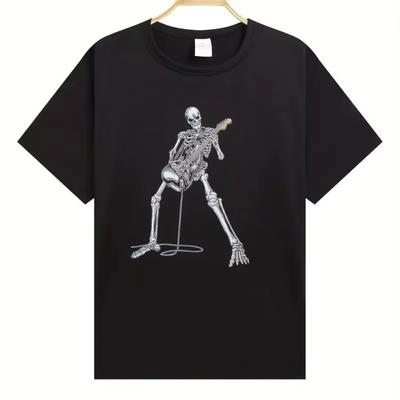 Happy Skeleton Guitar Guy Men's Short Sleeve Crew Neck Cotton T-Shirt Casual Men's Tee Outfits Summer HIP Hop Clothing