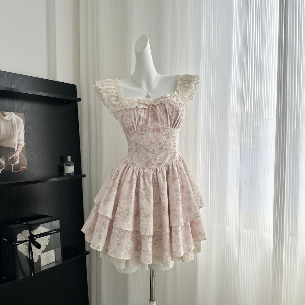 Sweet Spice Girl Blue Flying Sleeve Dress Sweet Premium Princess Cake Dress Women's Summer Waist Fluffy Short Dress