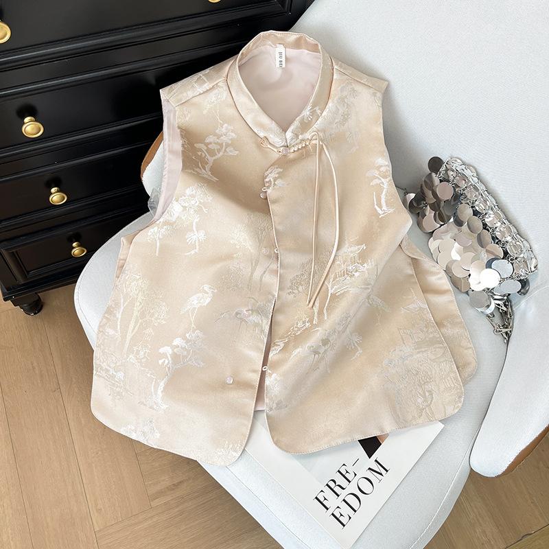 

Улучшенный винтажный жилет без рукавов с круглым вырезом на пуговицах, жаккардовый топ-жилет из парчи XXXL [Recommended 138-75kg]