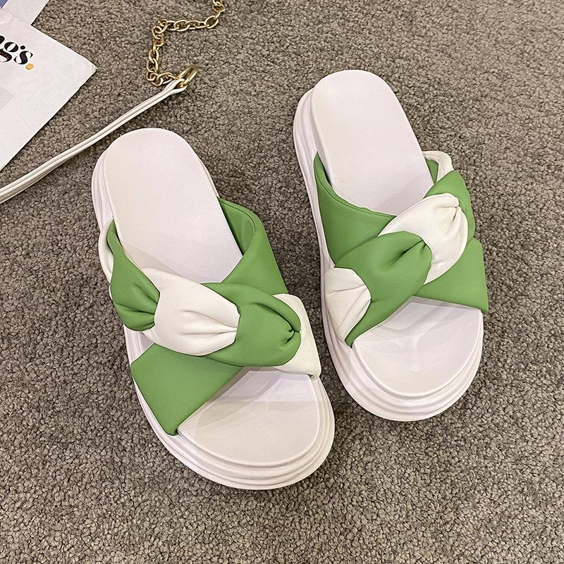 

2025 весна и лето новые плетеные однословные шлепанцы на толстой подошве, крутые шлепанцы, женские, нишевые, в корейском стиле, сандалии, пляжные шлепанцы, тренд 40 зелёный