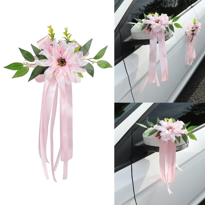 Romantics Florals Rearview Mirror Bowknot For Wedding Car Faux Flowers And Ribbon Chair Back Flower Decoration