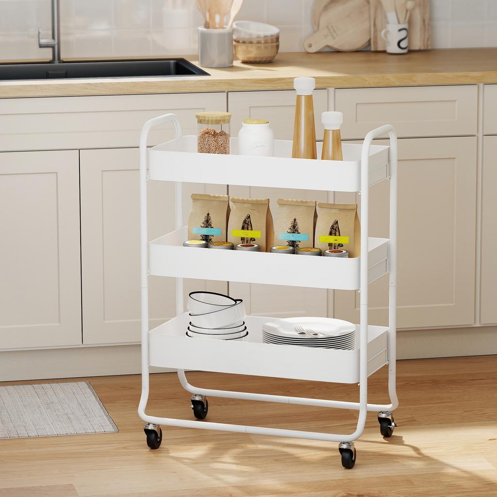 3-Tier Storage Trolley on Wheels, Rolling Utility Cart with Mesh Backets for Kitchen, Bathroom, Bedroom, White