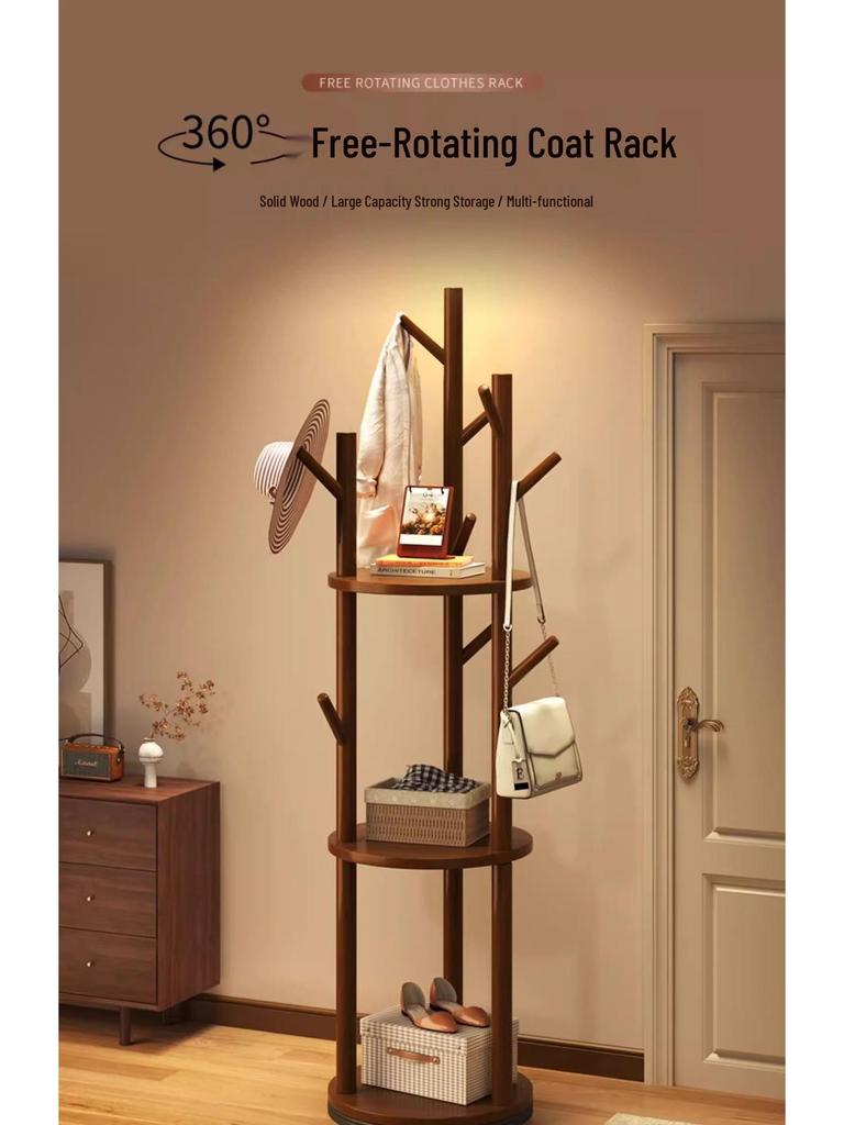 Solid Wood Rotating Floor Coat Rack - Vertical Clothes Hanger for Bedroom and Living Room