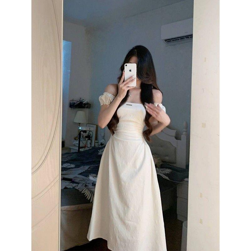 French Square Collar New First Love Pure Collar Apricot White Dress Waist Shows Figure Skirt Summer Waist Length