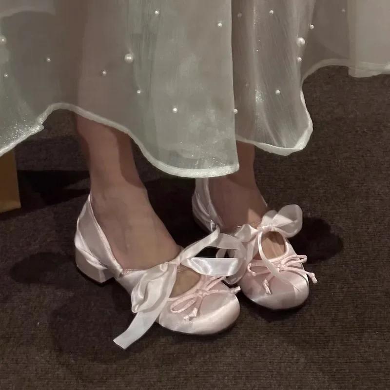 Fashion Women's Pink Ballet Mary Jane Shoes with Bow Knot Thick Heel Round Head Soft Shoes for Evening Wear
