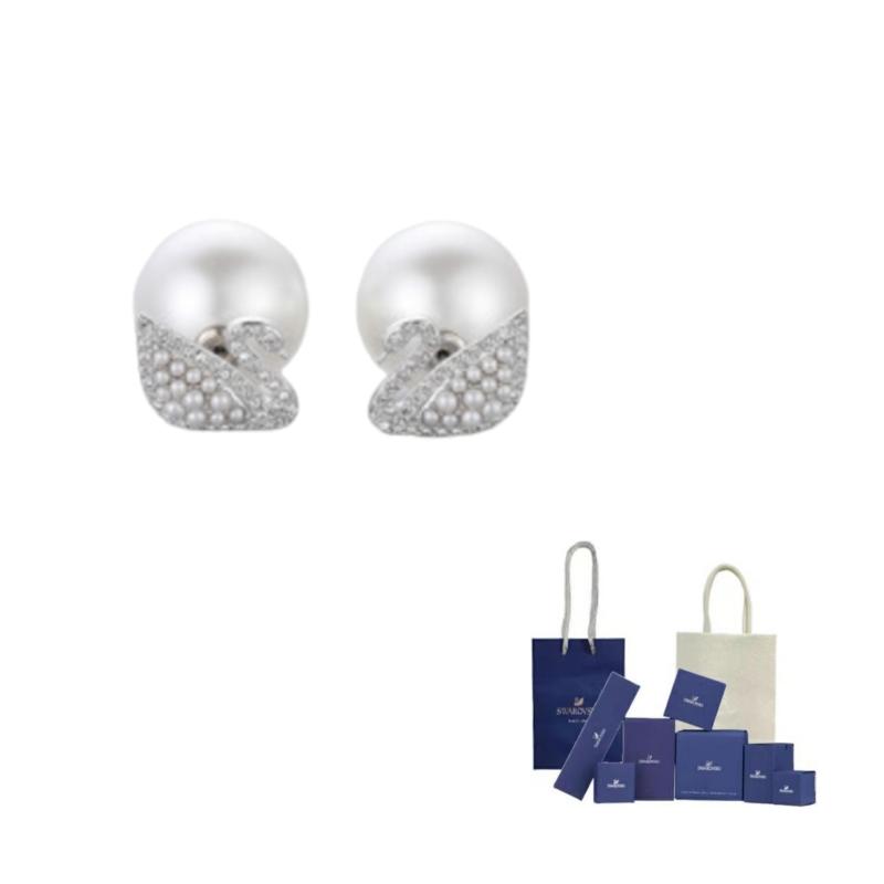 Swarovski ICONIC SWAN Artificial Crystal Stud Earrings Womens F ( Fits All)-Original Brand Box And Bag