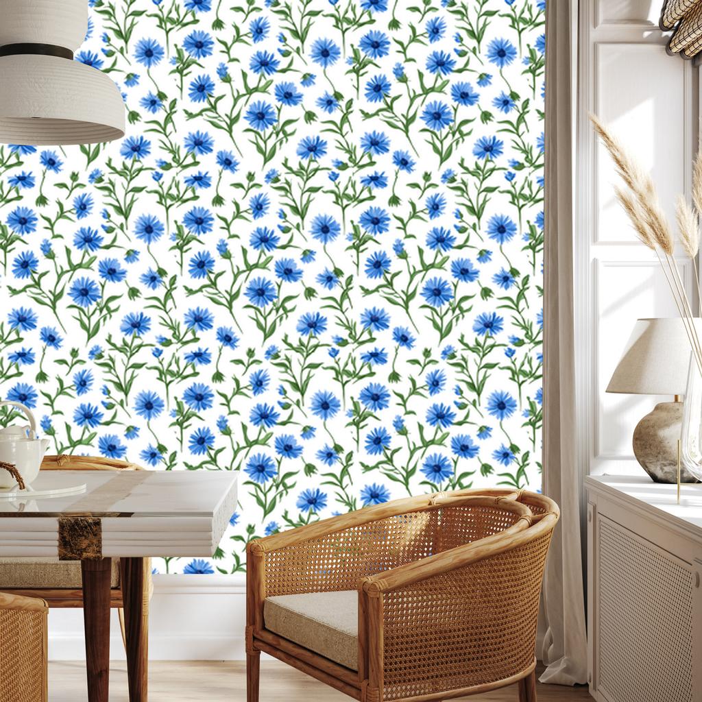 Wallpaper Flowers and Leaves White and Azure for Living Room and Bedroom 50x1000