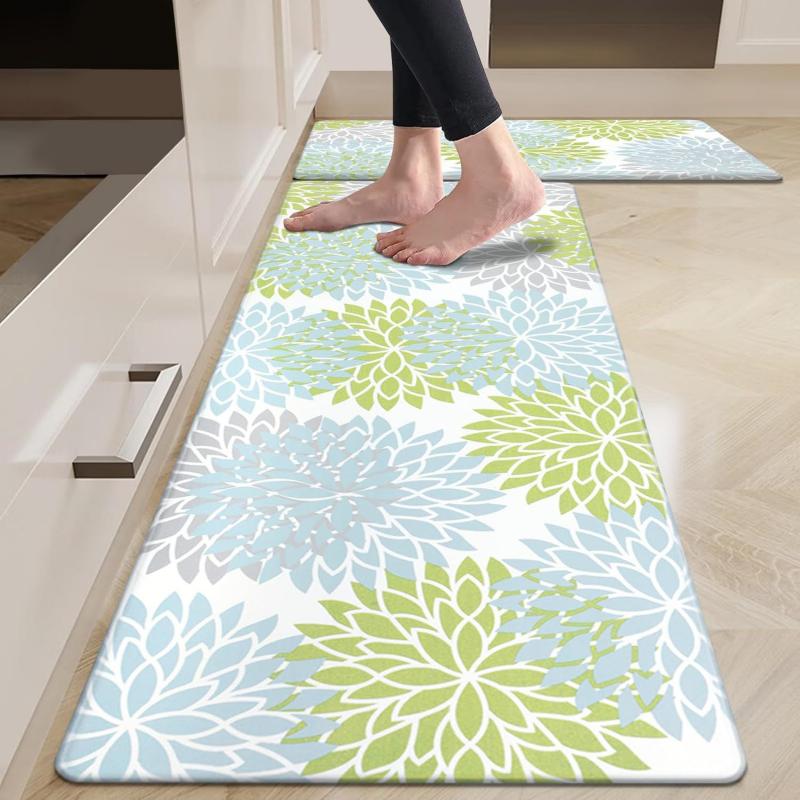 Modern Floral Anti-fatigue Kitchen Rug Non-slip Waterproof Oil-proof Carpet for Kitchen Laundry Room Decor