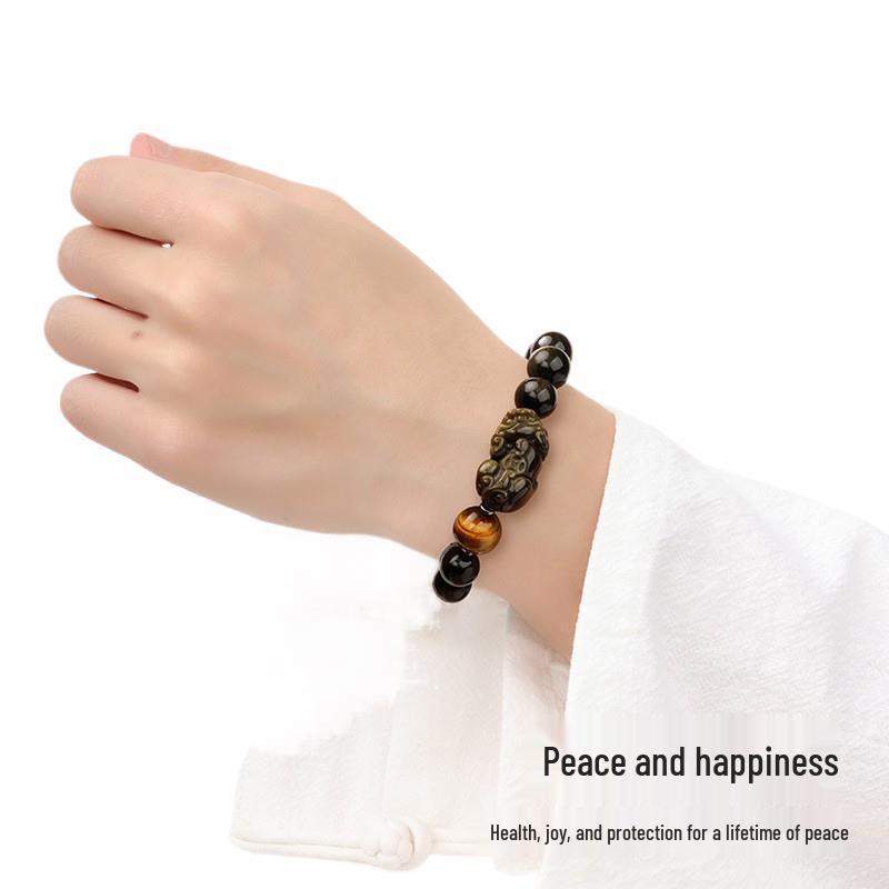 Pi Xiu Gold Obsidian & Tiger's Eye Bracelet with Heart Sutra - Year of the Snake Lucky Charm for Gifts