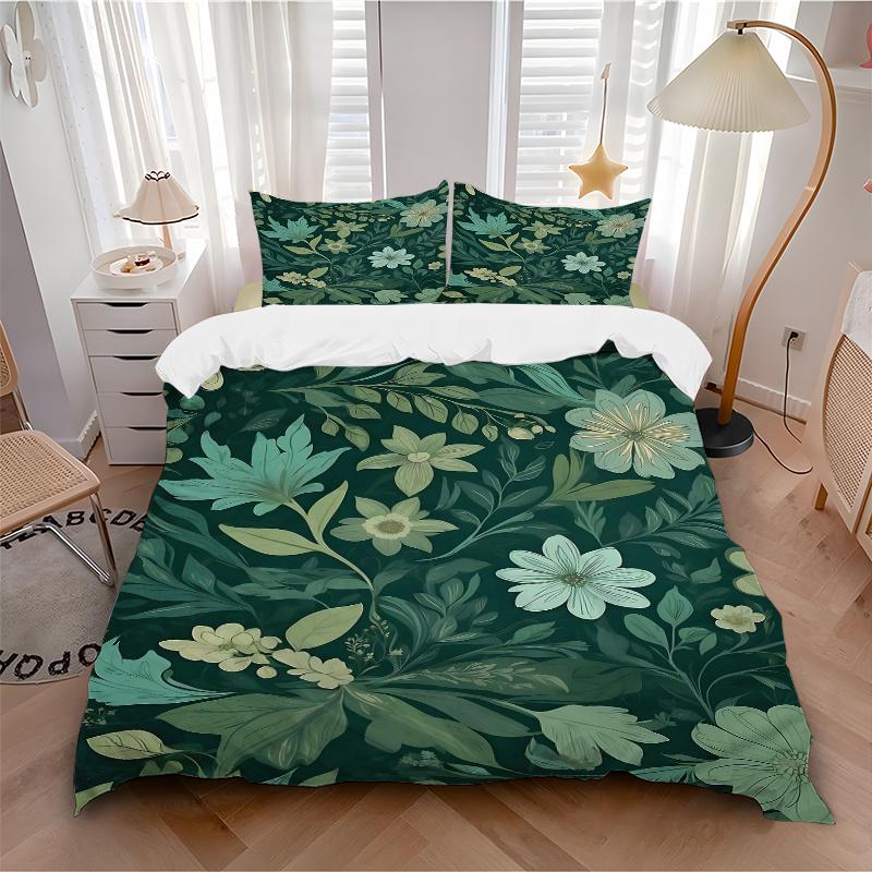 3pcs Green Leaves Printed Bedding Set, Soft and Comfortable Quilt Cover for Bedroom, Guest Room (1 Duvet Cover + 2 Pillowcases