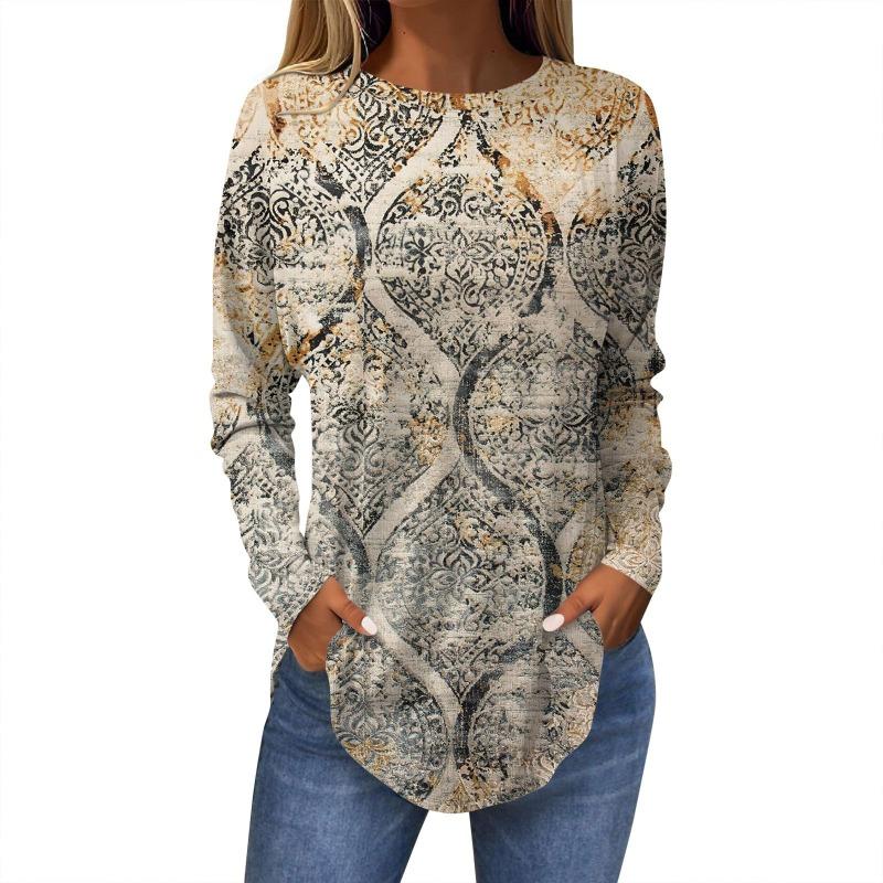 Damen T-Shirt mit 3D-Blattdruck, modisch, langärmlig, Rundhalsausschnitt, normale Oberteile, Feiertagswochenende, Frühling und Herbst