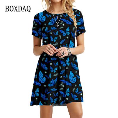 Moda Yaz Kelebek Elbiseler Kadın Zarif Kısa Kollu 3D Baskı Gevşek Elbise Vintage Rahat Yuvarlak Boyun Mini Büyük Boy Elbise