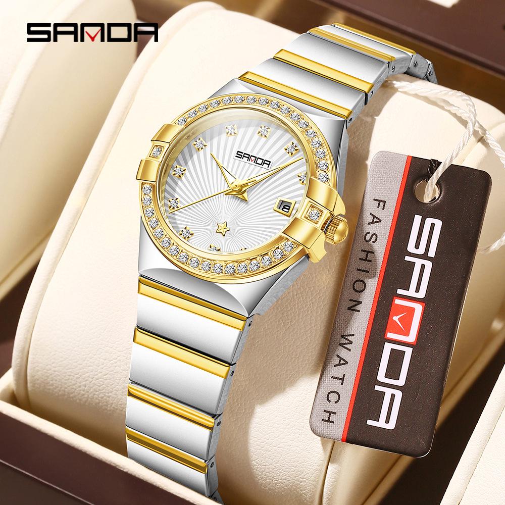 SANDA Women's Waterproof Luminous Quartz Watch with Sunray Dial and Diamond Set Markers