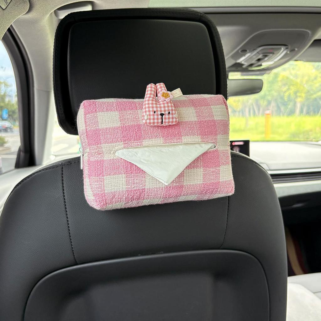 Cartoon Bear & Bunny Plaid Tissue Box for Car Seat Back, Armrest, or Sun Visor
