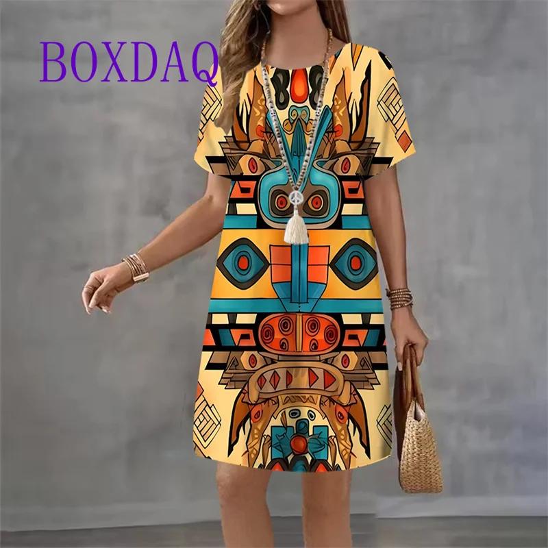Vintage Print Women Dresses Fashion 2025 Short Sleeve Summer Elegant Sundress Loose Casual Love Print Ladies Mini Dress Vestidos