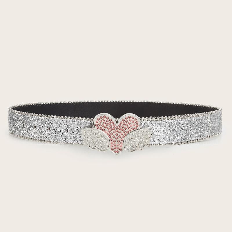 Adult Full Sequins Waist Belt for Dress Waist Belt Rhinestones Heart&Wing Buckle Thin Waist Belt Female Delicate Belt