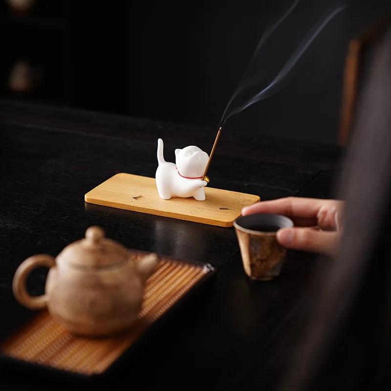 Cute Cat Buddhism Line Incense Plate Incense Burner Stick Holder Sandalwood Coil Base Temples Yoga Studios Home Decoration