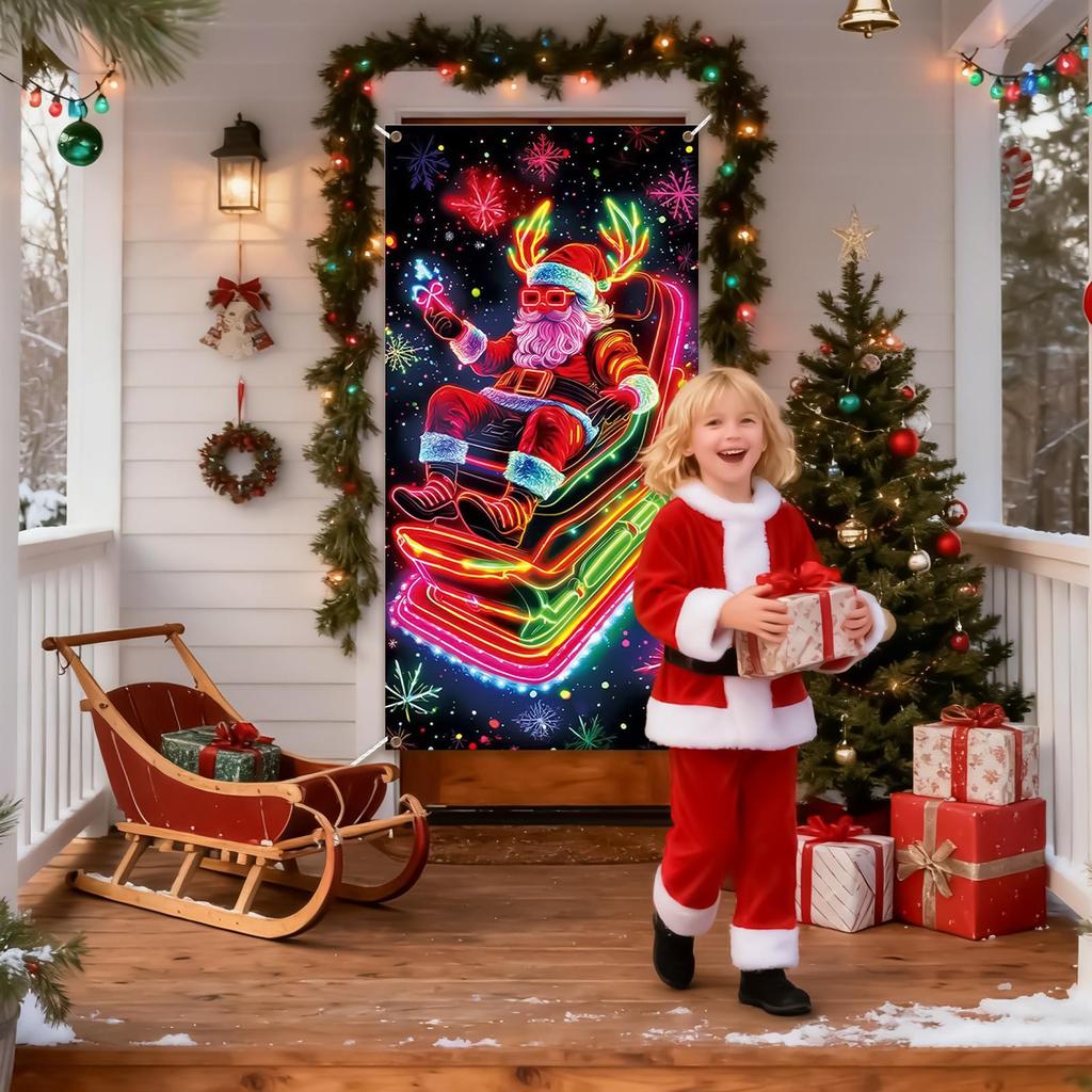 Santa Front Door Cover 3x6ft UV Fluorescent Christmas Decorations Front Door Holiday Background For Garage Porch Entrance