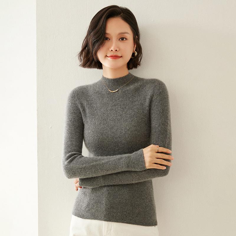 Women's Cashmere Striped Sweater: Slim-Fit Fashionable Pullover with Half-High Collar for Autumn & Winter