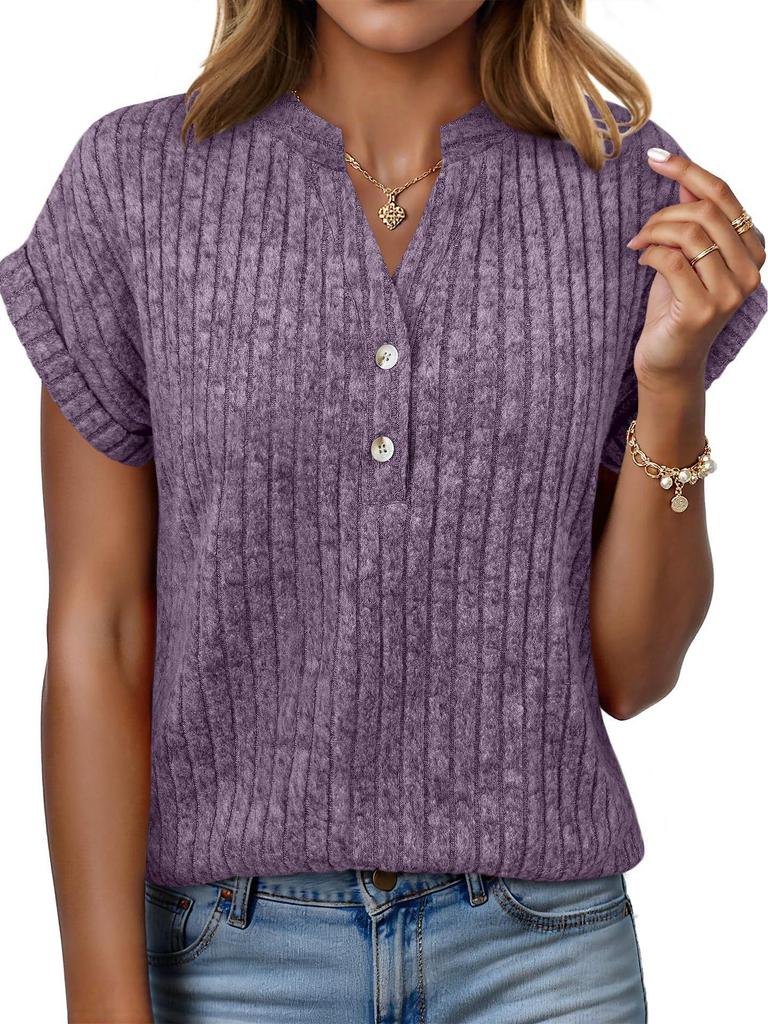 2026 Spring/Summer Casual Brushed Ribbed V-Neck Batwing Short-Sleeved Women's Top