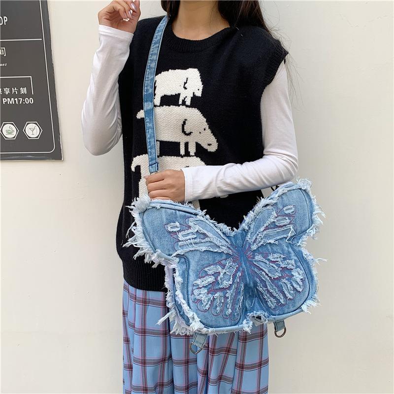 Bestickter Schmetterling Denim Rucksack Damen Schulter Crossbody Tasche
