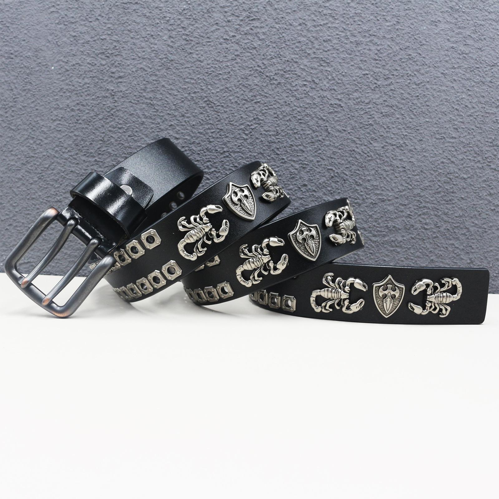 

Натуральная кожа Двухигольные Аксессуары Скорпион Персонализированный Полый Ремень из Коровьей Кожи с Заклепками Западный Американский Ремень с Заклепками 125cm