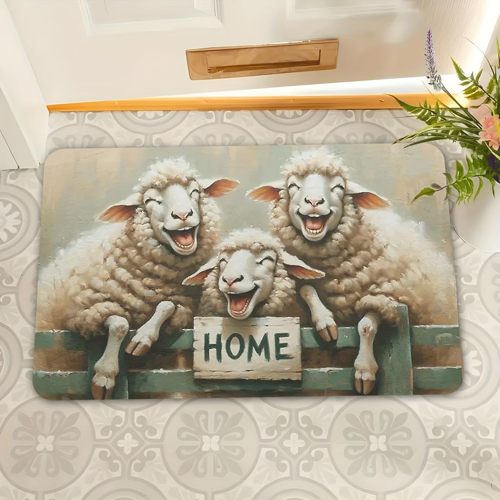 Farm Animals Sheep Patterned Doormat, Country Style Non-Slip Welcome Rug, Washable Decorative Floor Mat for Kitchen and Hallway
