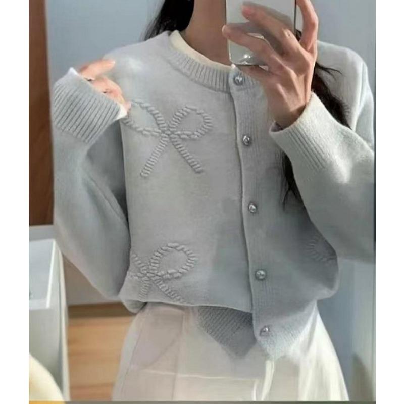 

Новый осенне-зимний кардиган с круглым вырезом и бантом, вязаный, универсальный, свободный и тонкий свитер-жакет для женщин светло-синий