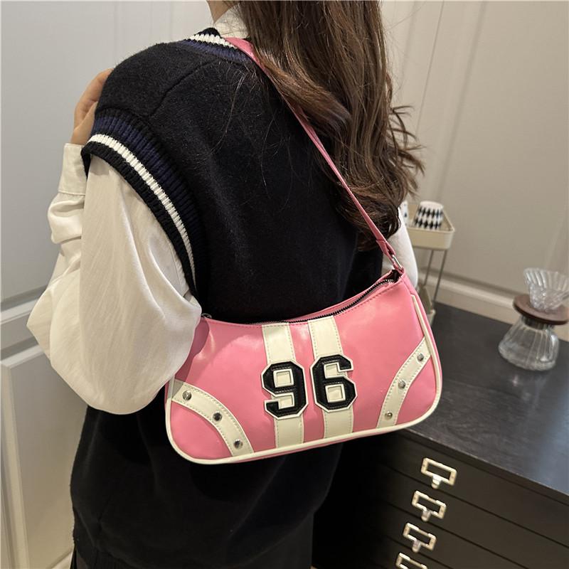 Y2K 96 Number Print Shoulder Bag, Retro Sporty Striped Hobo Purse, Casual Armpit Bag with Studded Detail for Streetwear & Daily