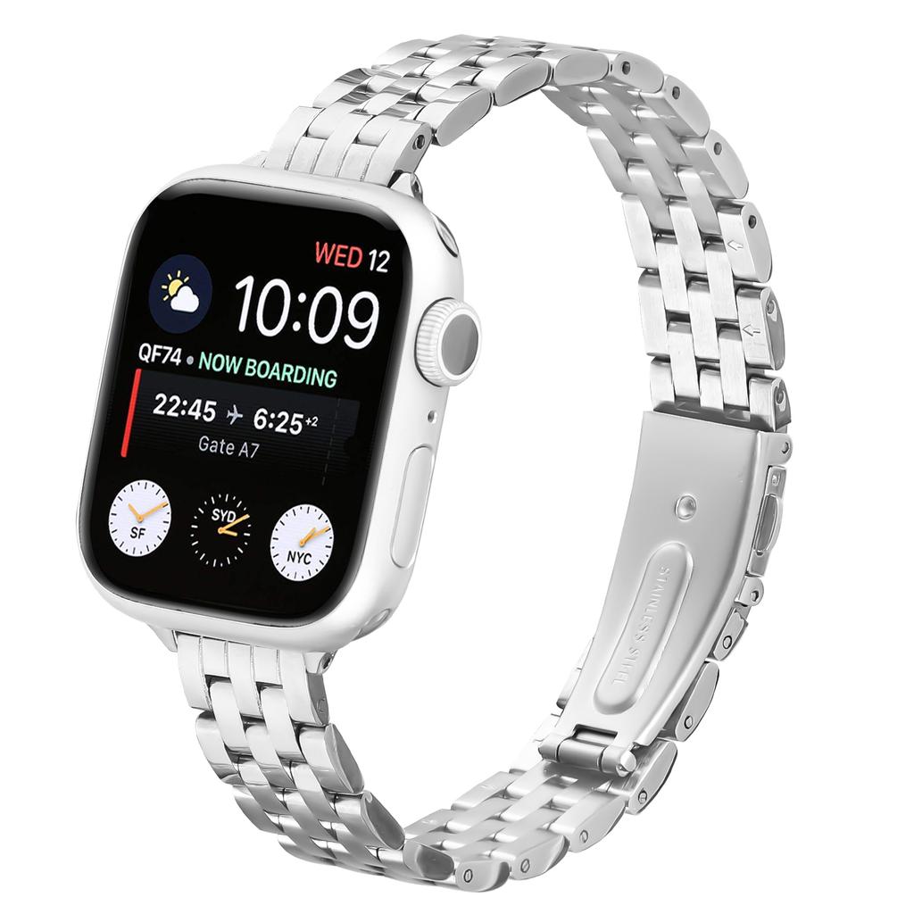 Watch Band For Apple Watch Series 10 9 8 7 SE 6 5 4 3 2 1 42mm 41mm 40mm 38mm Slim Five-Bead Stainless Steel Silver Strap