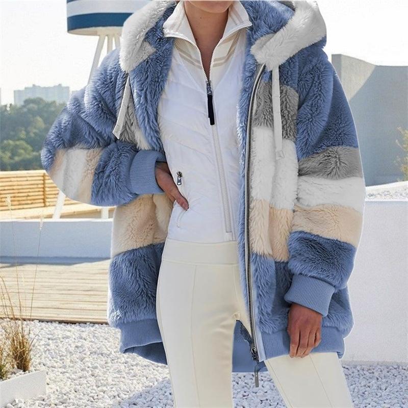Winter Thickening Warm New Fashion Women Jacket Stitching Plaid Ladies Coats Casual Hooded Loose Plush Zipper Ladies Clothes