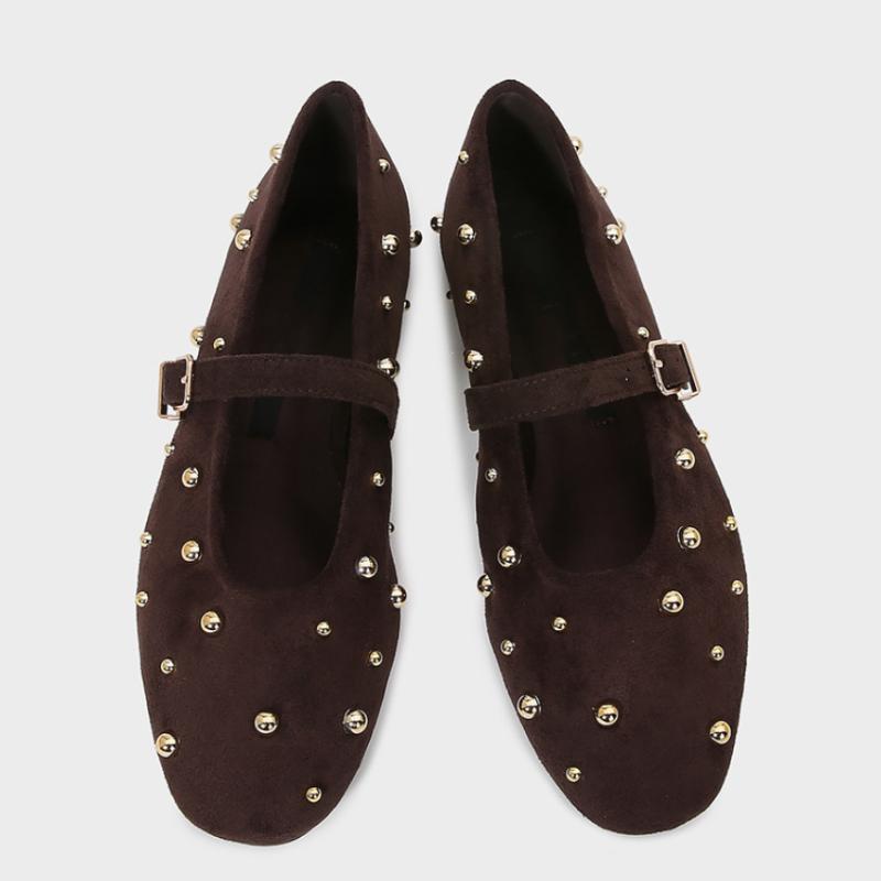 Round Toe Rivets Women Mary Jane Shoes Brown Faux Suede Metal Belt Non-slip Soft Sole Retron Design  Spring Ladies Flats