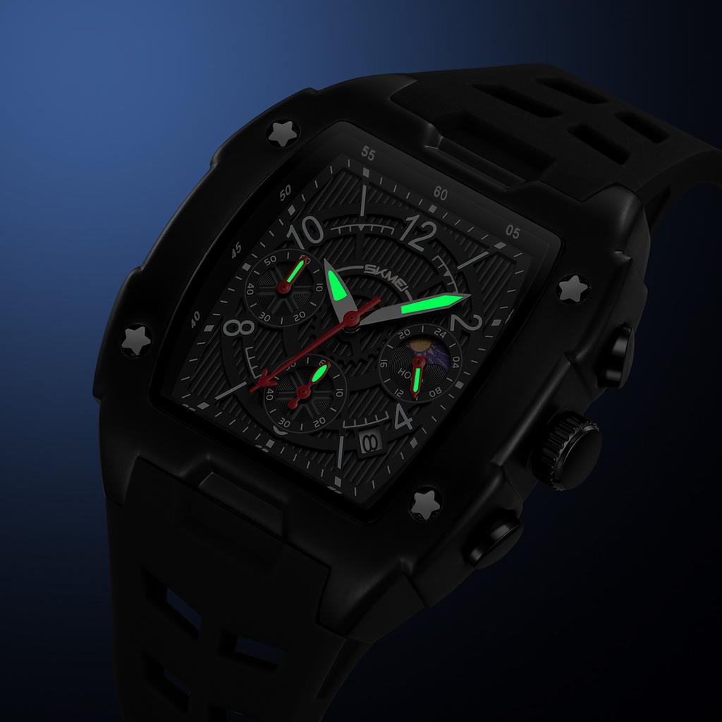 Quartz Men Watch Tonneau Stainless Steel Shell Sport Wristwatch Fashion Black Silicone Type Mille Relojes