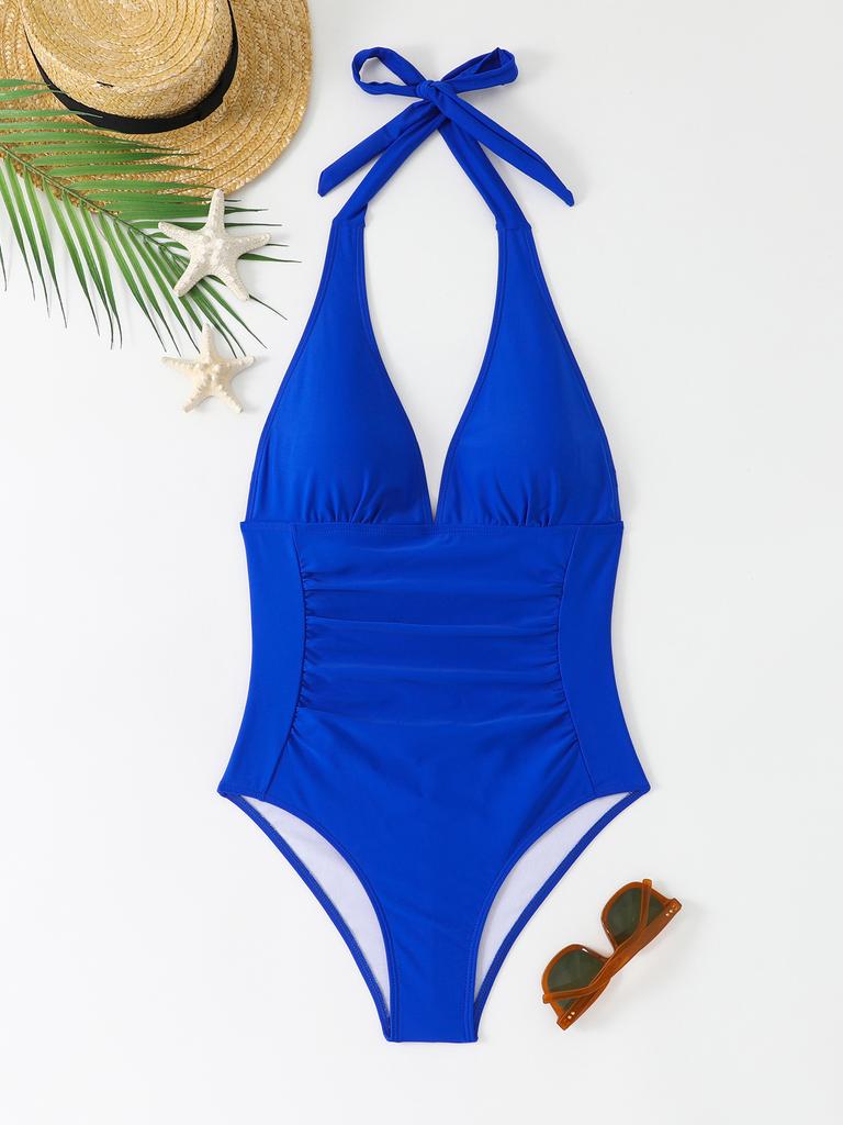 Sexy V Neck Halter Lace Up Pleated Slim Waist Bikini Swimsuit For Beach