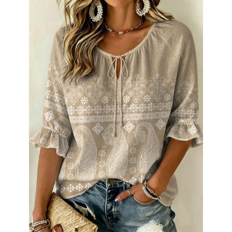 Women's Blue Beige Paisley Print Tie Neck Blouse, Casual Loose Tops for Spring Summer Daily Wear & Vacation Occasions