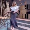 2024 Summer European & American Fashion Solid Color Ruffle Sleeve Top & High Waist Hip Wrap Skirt Set for Women