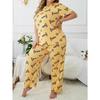 Plus Size 3XL 4XL 5XL Sleepwear Heart Letters Print 2 PCS Pajama Set Women's Casual Short-Sleeve Top and Pants Loungewear