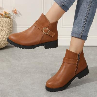 Fashion Retro Buckle Strap Ankle Boots Women Low Heels Brown Platform PU Leather Boots Woman 2024 Autumn Side Zipper Short Botas