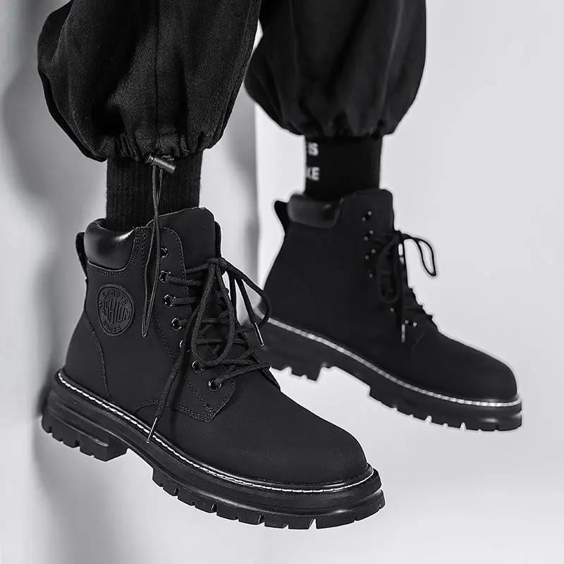 Male Casual Boots Thick Sole Lace Up Non Slip and Waterproof Men's Leather Shoes Platform Classic Original On Sale Cowhide Pu