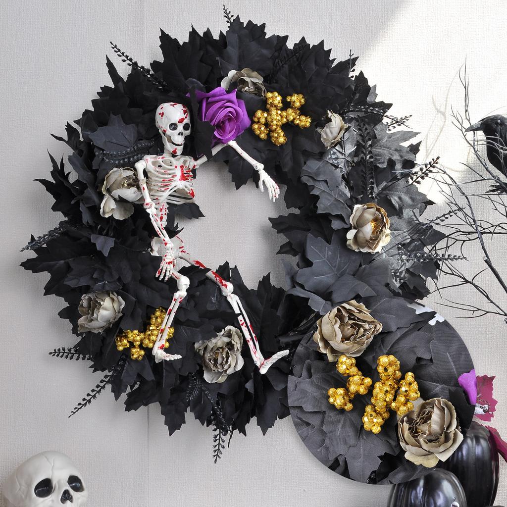 Halloween Wreath for Front Door 20” Black Maple Leaves Wreath with Skeleton Wall Window Halloween Decoration Home Decor