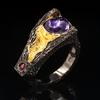 Vintage Chinesischer Stil Lotusblatt-Serie Natürlicher Amethyst Glücksbringer Geschlossenes Design Ring Für Frauen Hochzeitsparty Verlobungsring