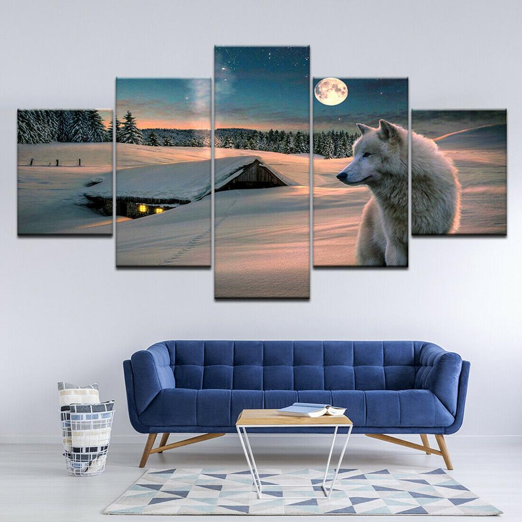 White Wolf in Winter Night 5 Piece No Framed Canvas Picture Print Wall Art Canvas Painting Wall Decor for Living Room No Frame