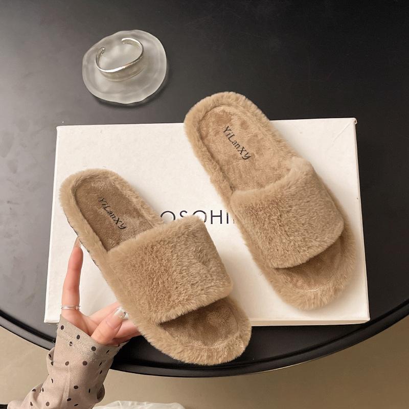 2025 autumn and winter one-word slippers home leisure plush slippers women's warm fluffy slippers women's new models