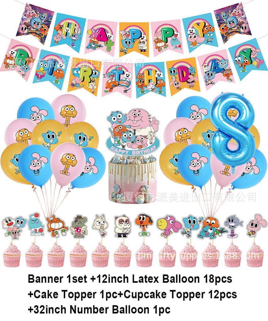 Cartoon Amazing World Birthday Party Decorations Gum&balles Balloon Banner Cake Topper Rabbit Cat Anime Backdrop Kid Favor Gift