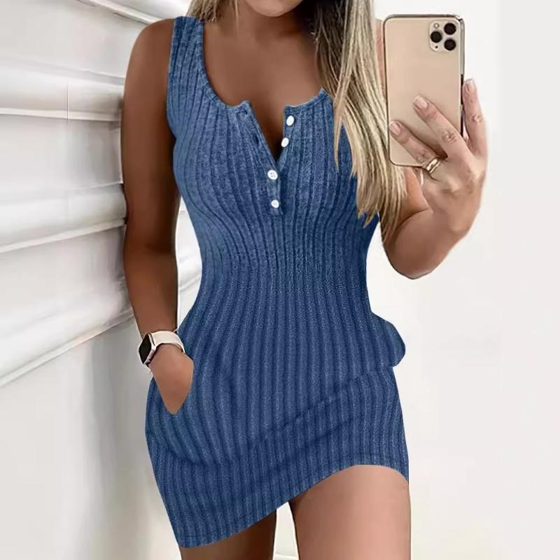 New, summer fashionable simple solid color pit strip slim dress women